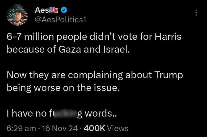 Tweet expressing frustration about voter decisions related to Gaza, Israel, Harris, and Trump on a "White People Twitter" post.
