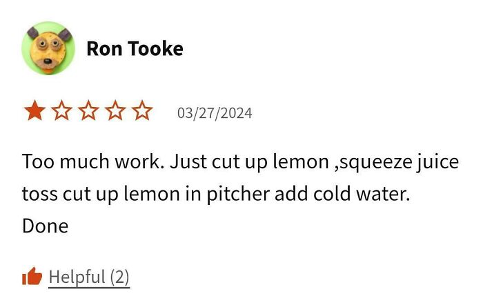 A one-star review criticizing a complex recipe, suggesting a simpler method with lemon and water.