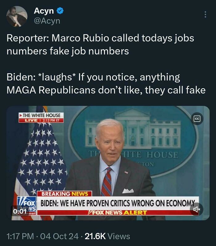 Tweet with Biden discussing economy critiques; White House briefing, reporter mentions Marco Rubio's comments on job numbers.