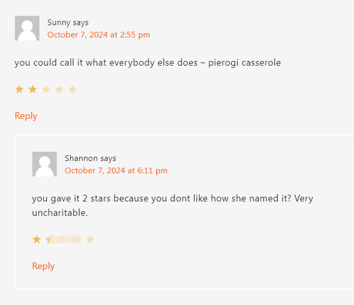 Comment exchange about pierogi casserole recipe ratings.