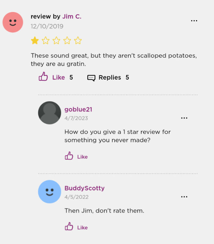 Negative recipe review with comments, highlighting recipe-following impacts.