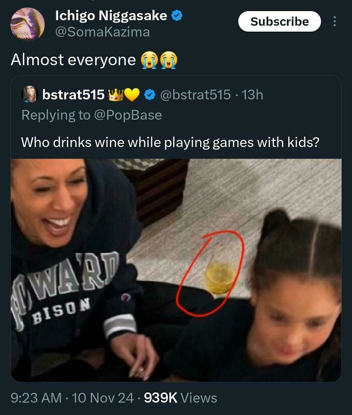 Person laughing while playing games with kids, highlighted wine glass nearby. White People Twitter chaos.