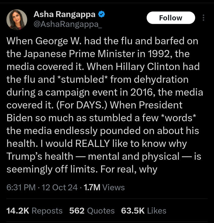 Tweet by Asha Rangappa questioning media focus on political figures' health, highlighting white people Twitter chaos.