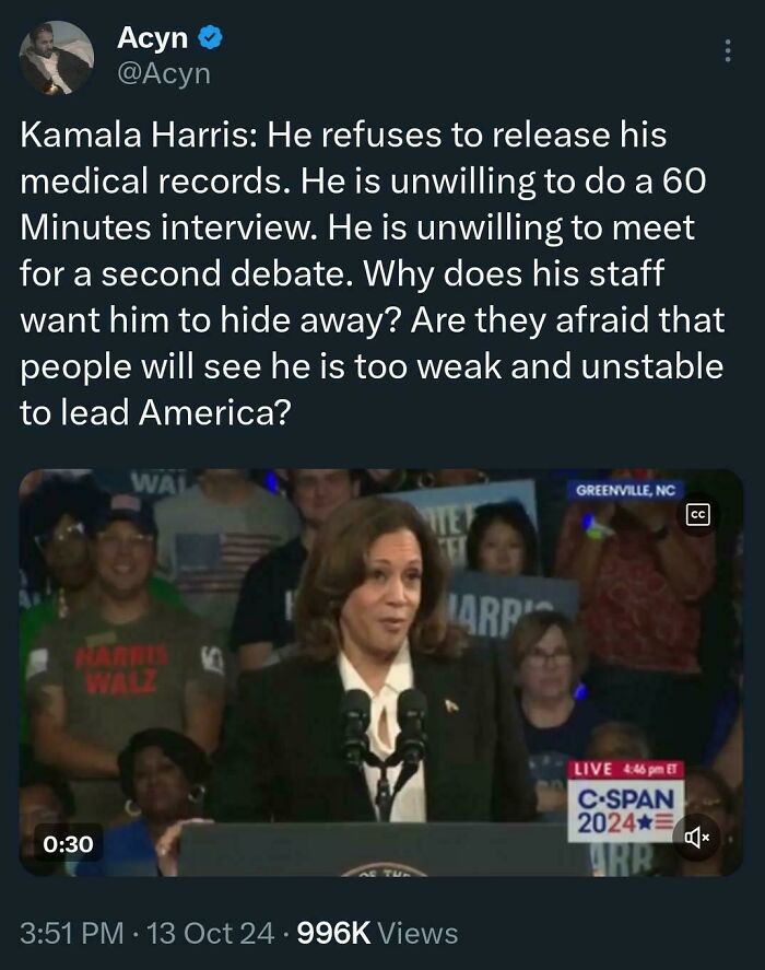 Tweet critiquing a political figure, featuring Kamala Harris speaking at a rally with a crowd and "White People Twitter" insights.