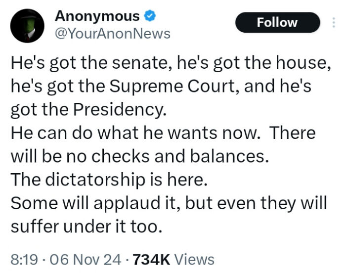 Tweet expressing concern over political power, highlighting lack of checks and balances; chaos on White People Twitter.