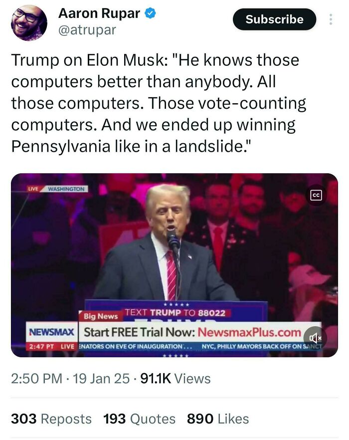 Tweet from "White People Twitter" featuring Trump speaking about Elon Musk and computers.