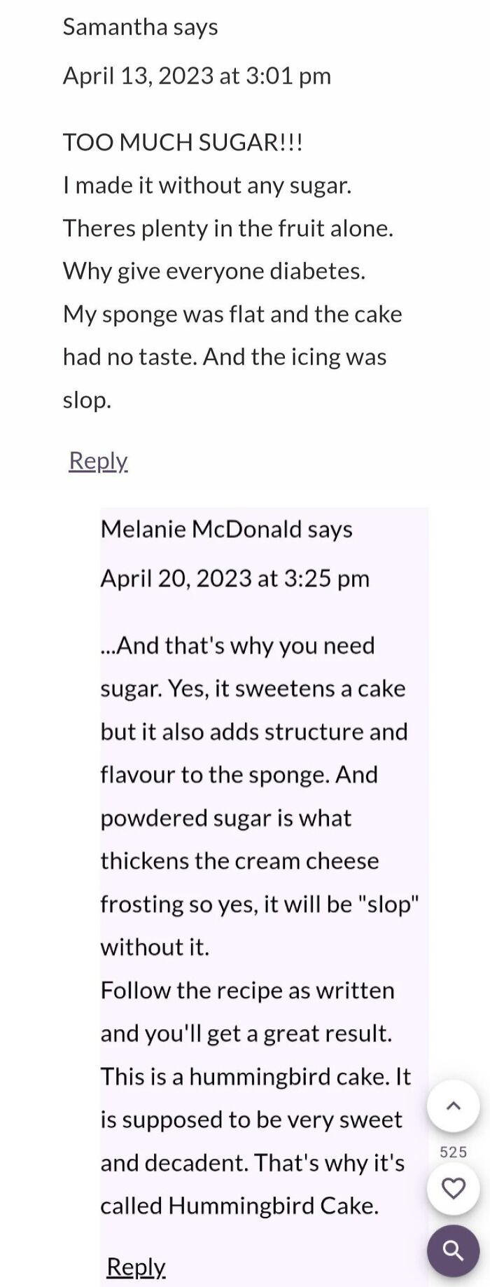 Comments on a recipe gone wrong; user critiques dessert lacking sugar and texture.