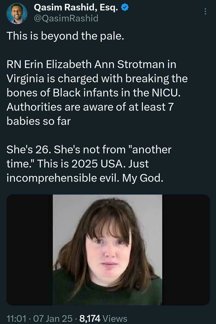 Tweet by Qasim Rashid discussing charges against a nurse, highlighting unfiltered reactions on White People Twitter.