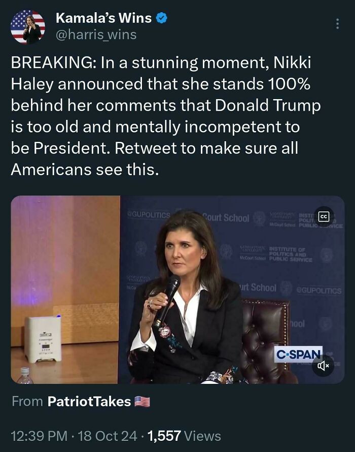 Nikki Haley speaking at an event, critiquing Donald Trump; featured on "White People Twitter."
