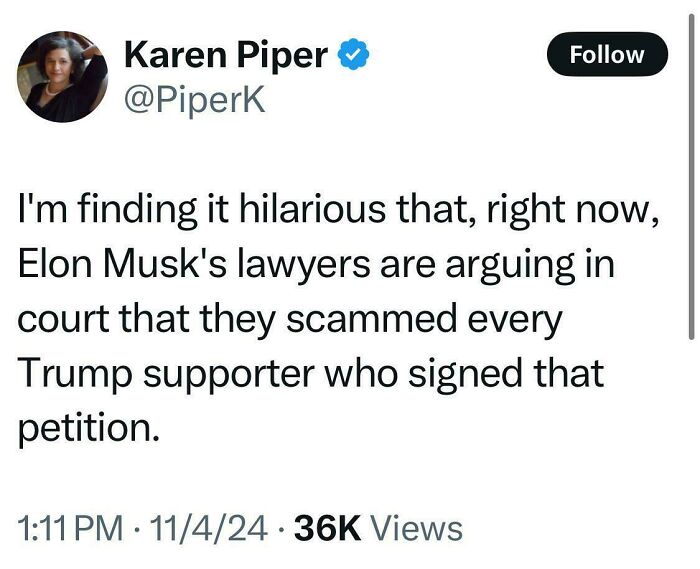 Tweet sharing unfiltered thoughts on Elon Musk, lawyers, and a legal argument involving Trump supporters.