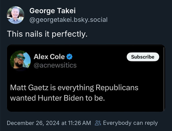 "White People Twitter shares a tweet about Matt Gaetz and Hunter Biden, commented on by George Takei."