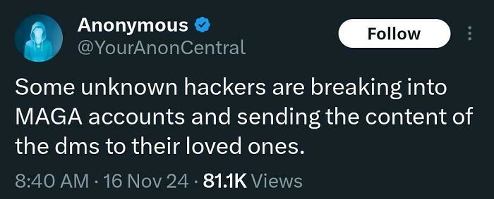 Anonymous tweet on white people Twitter about hackers accessing MAGA accounts and sending DMs to loved ones.