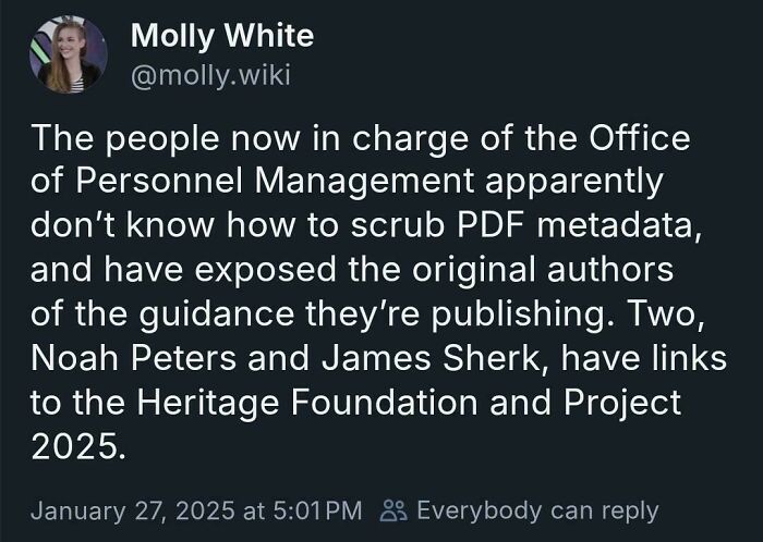 Tweet screenshot discussing PDF metadata errors by Office of Personnel Management leaders linked to Heritage Foundation.