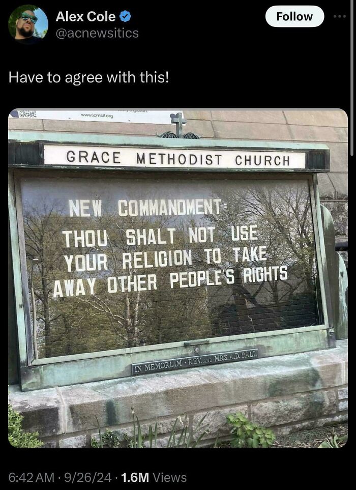 Grace Methodist Church sign shares thoughts on religion and rights, echoing sentiments from White People Twitter.