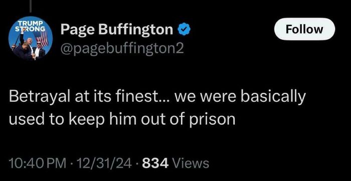 Tweet by Page Buffington expressing feelings of betrayal, with 834 views.