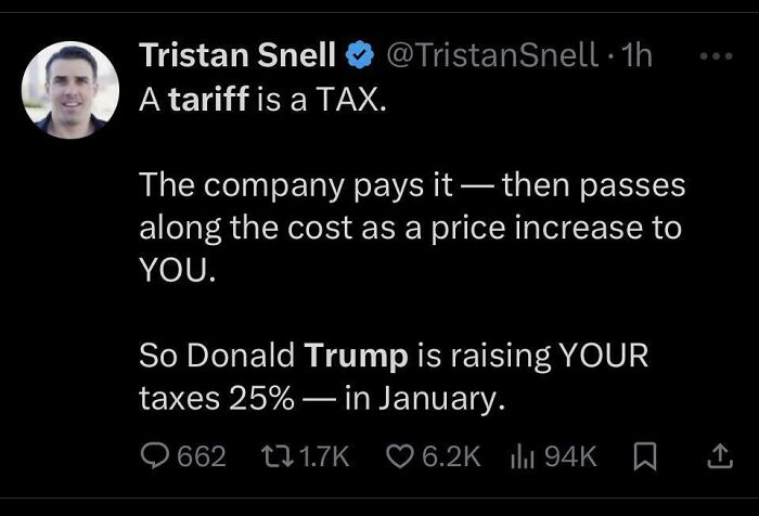 Tweet on "White People Twitter" discussing tariffs and tax increases by Donald Trump.