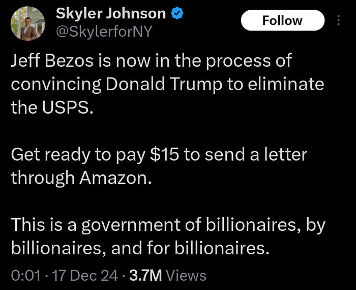 Tweet from Skyler Johnson humorously commenting on billionaires impacting USPS changes.