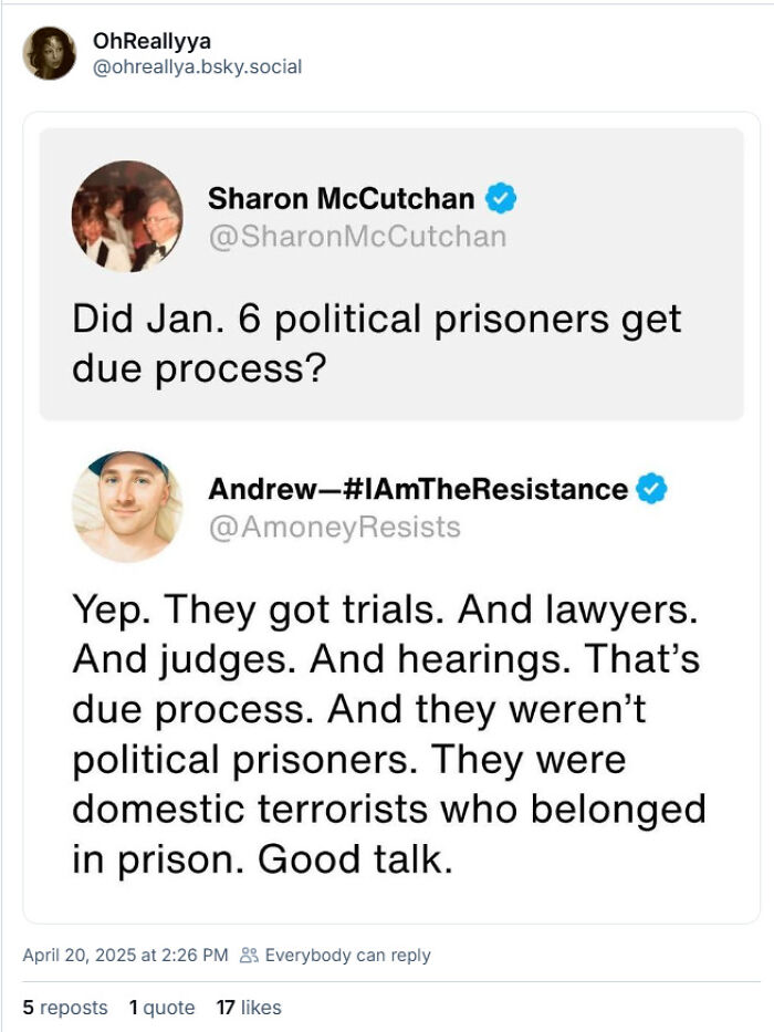 "White People Twitter discussion on due process and Jan. 6 prisoners with responses highlighting domestic t*******m views."