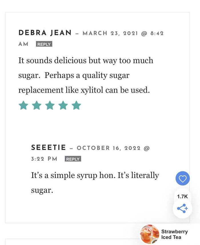 User comments on recipe critique, one suggesting xylitol as a sugar replacement, another highlighting syrup’s sugar content.