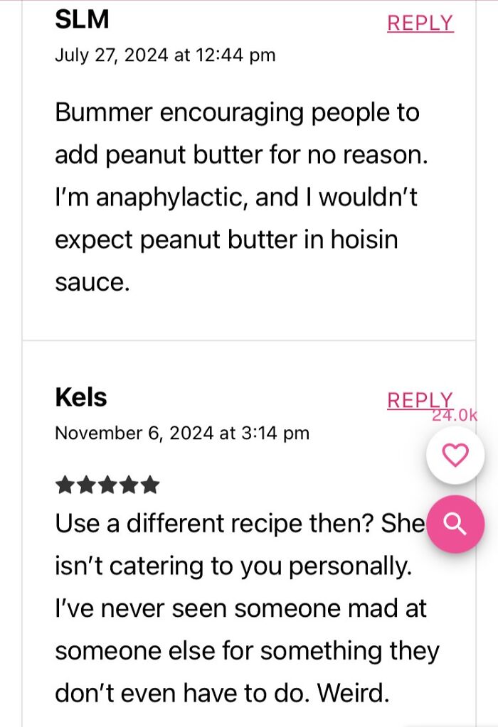 Two user comments discussing recipe modifications with peanut butter and allergies.