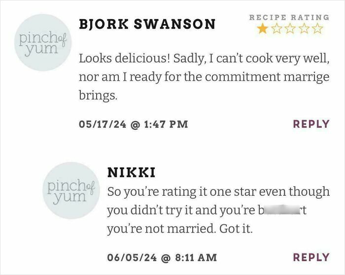 Recipe comments on Pinch of Yum, including a humorous exchange about cooking and commitment, with a one-star rating.
