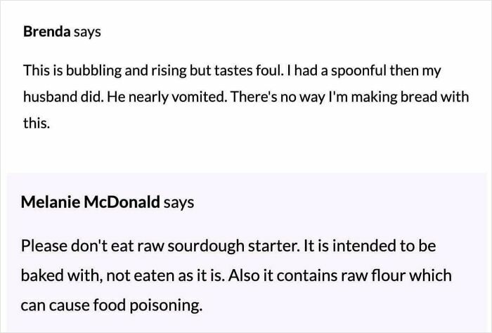 Comments discussing foul-tasting sourdough starter and advice on not eating it raw; mentions risk of food poisoning.