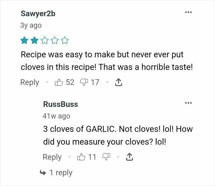 Online comments humorously discuss a recipe error involving cloves, highlighting a cooking mishap.