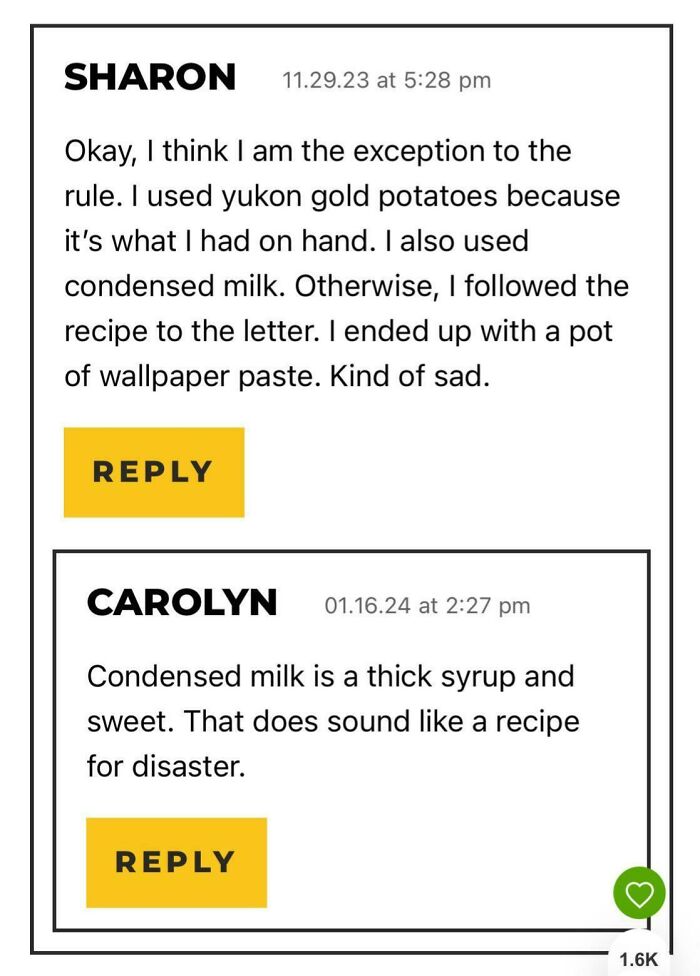 Comments discussing a recipe mishap with potatoes and condensed milk, highlighting unintended results.