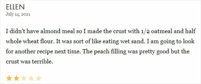 Review of a failed recipe attempt with oatmeal crust instead of almond meal, rating 2 out of 5 stars.