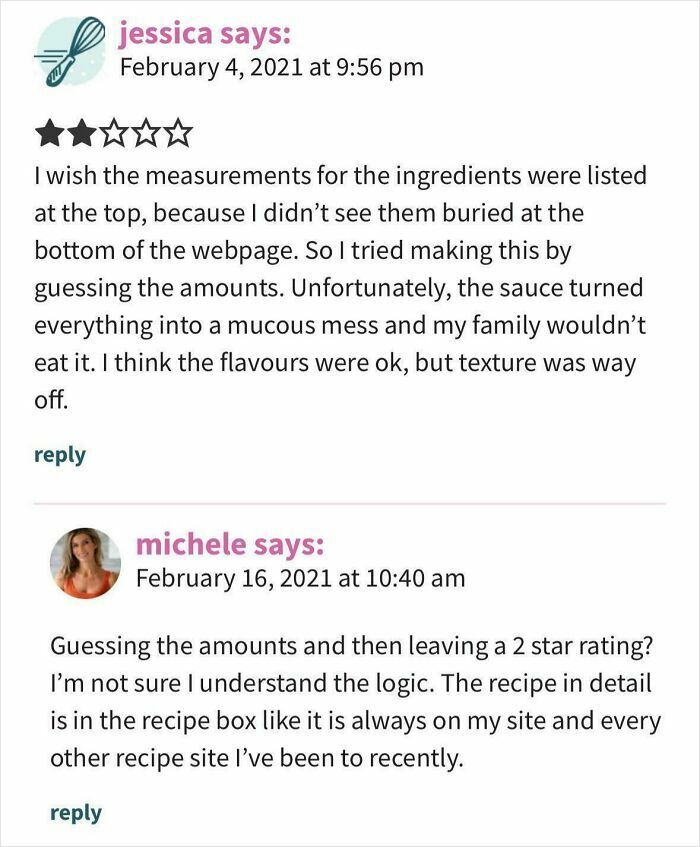 Recipe fail review with a two-star rating due to missing ingredient measurements, leading to inedible results.