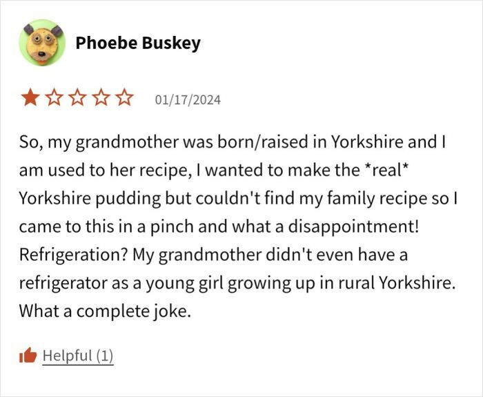 Phoebe's humorous review on Yorkshire pudding recipe failure, expressing disappointment and family traditions.