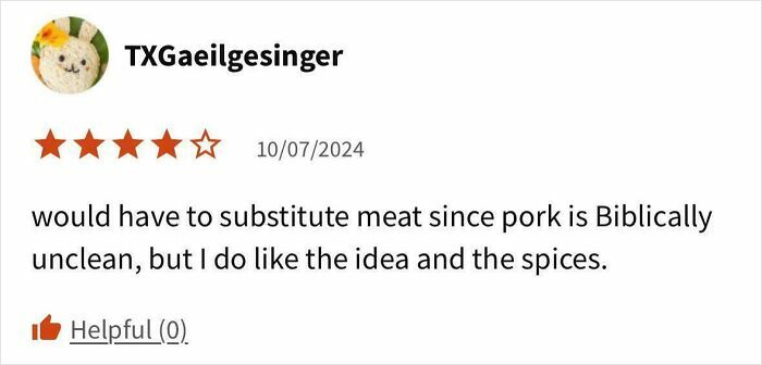 Review by TXGaeilgesinger showing a 4-star rating, discussing a meat substitution due to Biblical reasons and liking the spices.