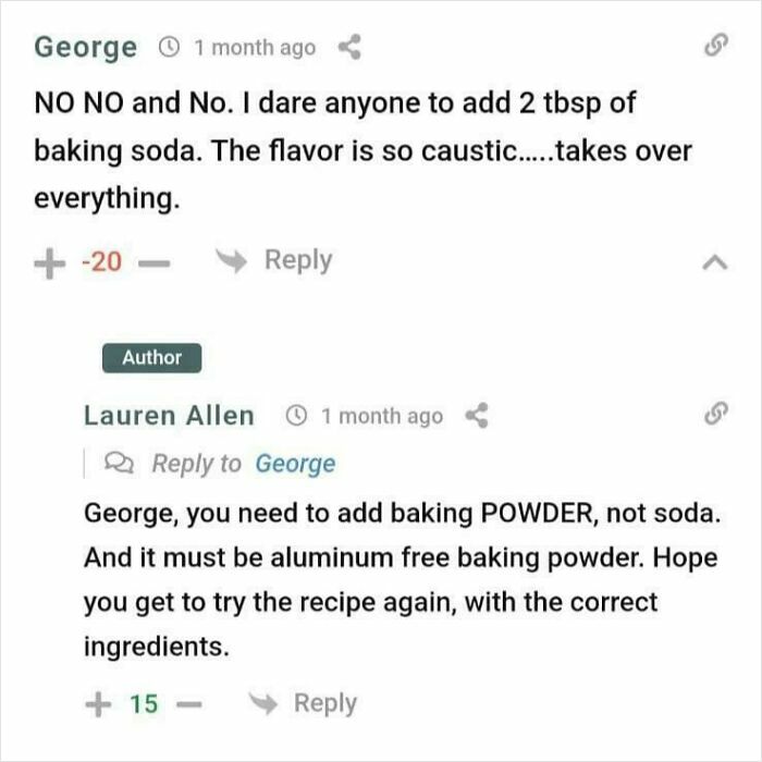 Recipe mistake: George confused baking soda for baking powder; Lauren corrects with advice on the right ingredient.