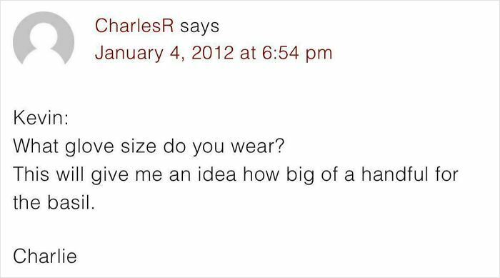 Comment about glove size for basil measurement in recipe discussion.