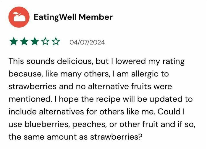 EatingWell member review on recipes, highlighting lack of fruit alternatives for strawberry allergy.