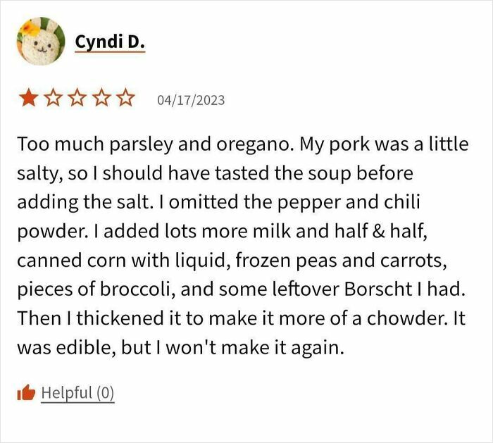 Recipe mishap review: Overuse of parsley and oregano, salty pork, improvised soup to chowder with mixed results.