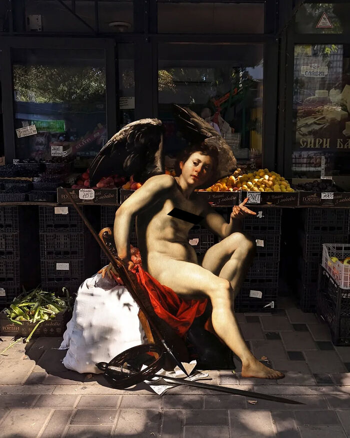 Classical figure by Alexey Kondakov in a modern market setting, blending art with contemporary life.