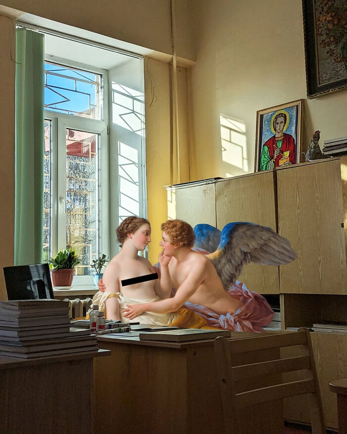 Classical figures in a modern office setting, with bright light through a window, blending art with everyday life.