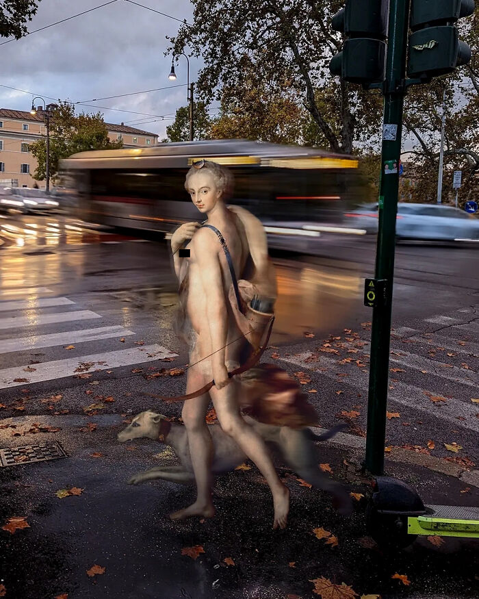Classical figure with dog in modern street, blending past and present art.