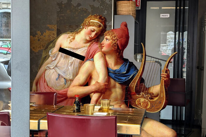 Classical figures by Alexey Kondakov blend with modern cafe setting, featuring a man with a lyre and a woman in elegant attire.