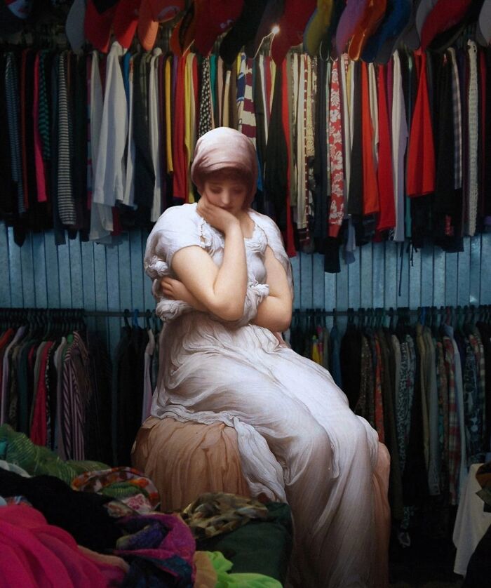 Classical figure in modern clothing store, blending past and present by Alexey Kondakov.