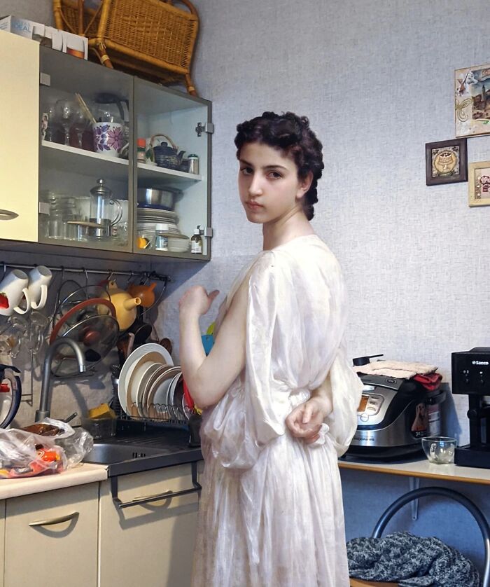 Classical figure in a modern kitchen setting, blending historical art with contemporary life.