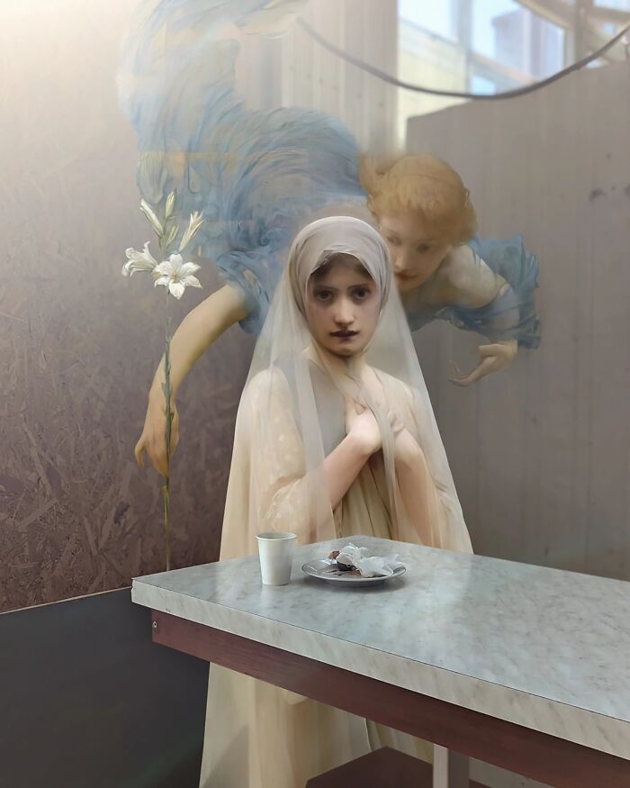 Classical figures blend with modern setting by Alexey Kondakov, featuring a serene scene at a table.