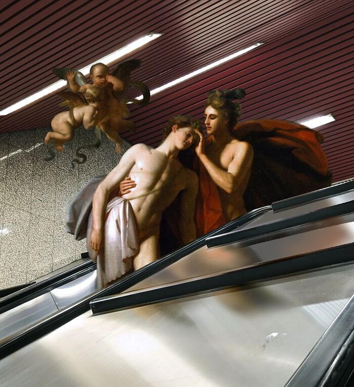 Classical figures with modern subway escalator backdrop, Kupka's art style.