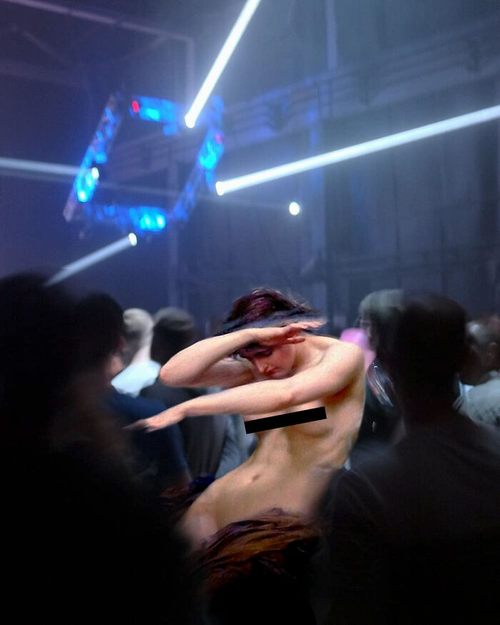 Classical figure blended into a modern club scene with vibrant lighting and blurred crowd.