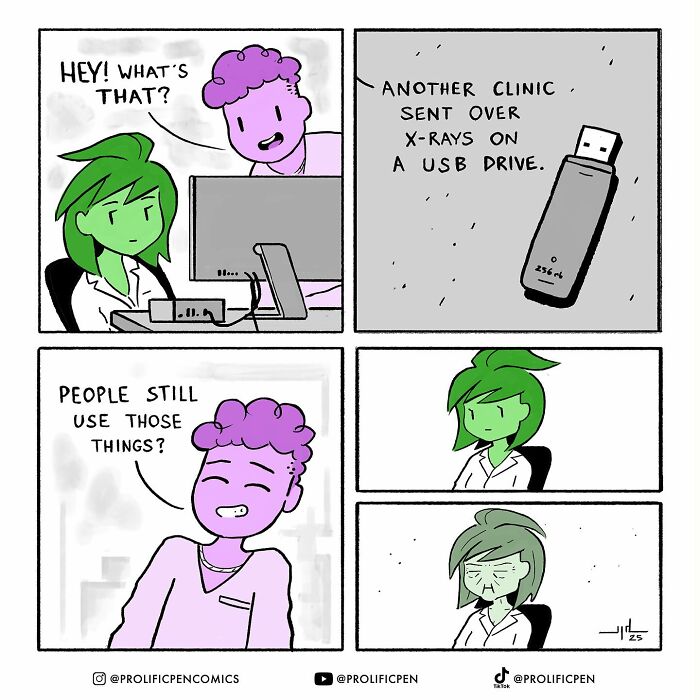 Comic by Yanni Davros depicting funny human behavior with characters surprised by a USB drive for X-rays.