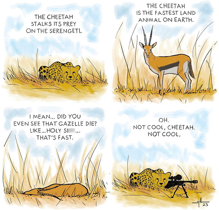 Comic by Yanni Davros showing a cheetah stalking a gazelle humorously, highlighting funny human behavior.