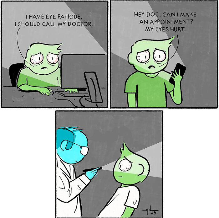 Comic strip by Yanni Davros showing a character experiencing eye fatigue and visiting a doctor.