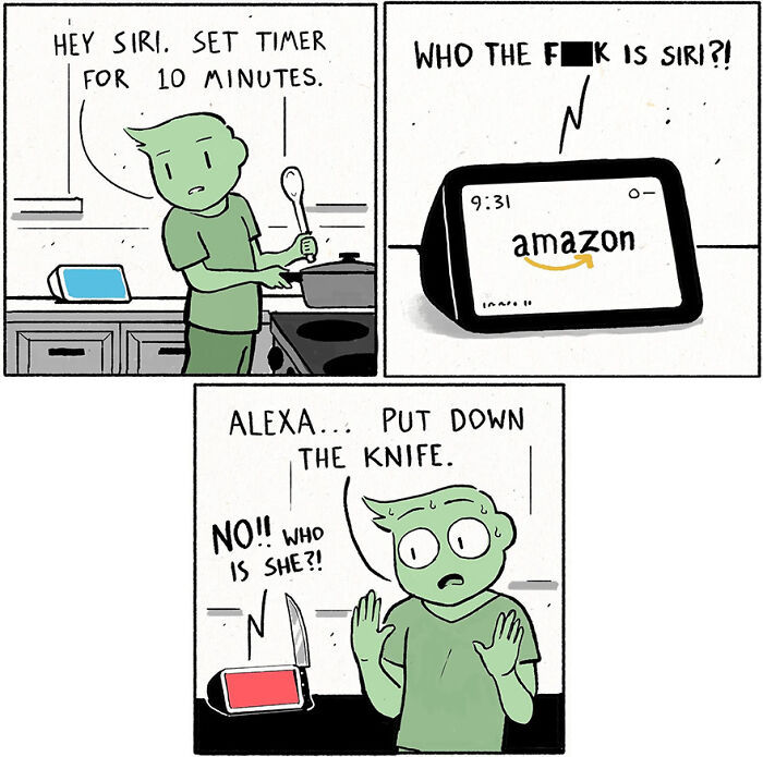 Comic by Yanni Davros humorously depicting a smart device misunderstanding Alexa and Siri commands.