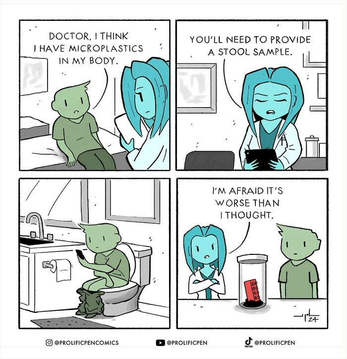 Comic by Yanni Davros humorously exploring human behavior with a stool sample revealing a microplastic spoon.